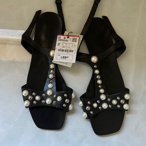 Zara black leather and pearl womens sandals